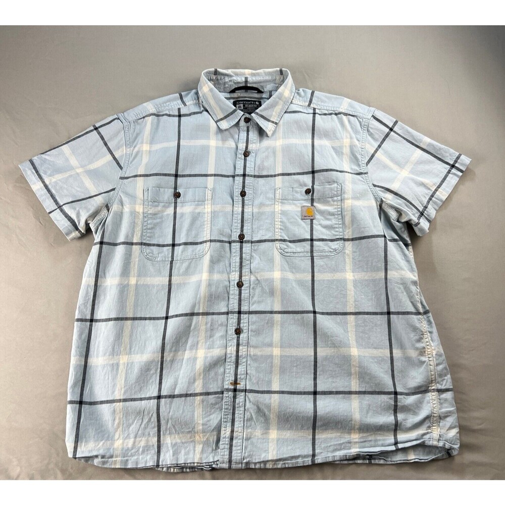 Carhartt Plaid Work Shirt Mens 2XL XXL Rugged Flex BLUE Short Sleeve Pocket Logo